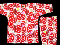 義若オリジナルの子供鯉口シャツ　子供ダボシャツ　麻の葉紋様に花（赤）